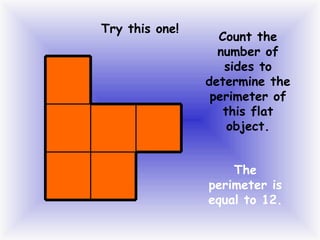 Try this one!

Count the
number of
sides to
determine the
perimeter of
this flat
object.
The
perimeter is
equal to 12.

 