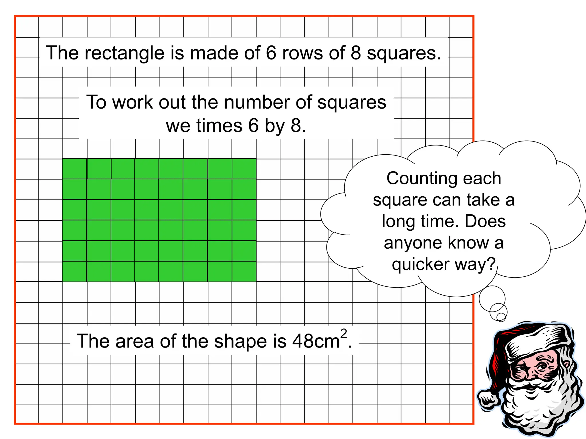 Counting each
square can take a
long time. Does
anyone know a
quicker way?
The area of the shape is 48cm
2
.
The rectangle is made of 6 rows of 8 squares.
To work out the number of squares
we times 6 by 8.
 
