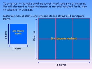 To construct or to make anything you will need some sort of material.
You will also need to know the amount of material required for it. How
to calculate it? Let’s see.

Materials such as plastic and plywood etc.are always sold per square
metre.



          one square
1 metre




            metre       2 metres
                                       Six square meters


          1 metre




                                            3 metres
 