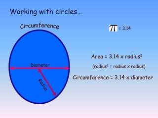 Working with circles…

                                      = 3.14




                         Area = 3.14 x radius2
      Diameter           (radius2 = radius x radius)

                  Circumference = 3.14 x diameter
 