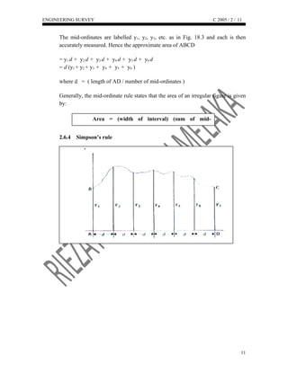 ENGINEERING SURVEY C 2005 / 2 /
The mid-ordinates are labelled y1, y2, y3, etc. as in Fig. 18.3 and each is then
accurately measured. Hence the approximate area of ABCD
= y1 d + y2 d + y3 d + y4 d + y5 d + y6 d
= d (y1 + y2 + y3 + y4 + y5 + y6 )
where d = ( length of AD / number of mid-ordinates )
Generally, the mid-ordinate rule states that the area of an irregular figure is given
by:
2.6.4 Simpson’s rule
11
11
Area = (width of interval) (sum of mid-
ordinates)
 