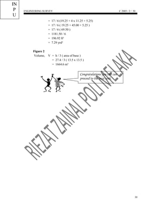 ENGINEERING SURVEY C 2005 / 2 /
= 17 / 6 (19.25 + 4 x 11.25 + 5.25)
= 17 / 6 ( 19.25 + 45.00 + 5.25 )
= 17 / 6 ( 69.50 )
= 1181.50 / 6
= 196.92 ft³
= 7.29 yrd³
Figure 2
Volume, V = h / 3 ( area of base )
= 27.4 / 3 ( 13.5 x 13.5 )
= 1664.6 m³
30
30
Congratulations you can can
proceed to the next unit.
IN
P
U
T
 