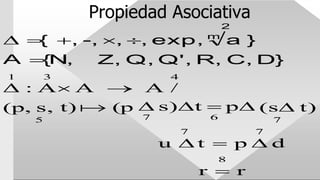Propiedad Asociativa
2
 { , -, , , exp, m
a }
A {N,
1 3
Z, Q, Q', R,
4
C, D}
Δ : A A  A /
(p, s,
5
t)  (p  s)t
7
 p
6
(s t)
7
7
u  t
r
7
 p  d
8
 r
 