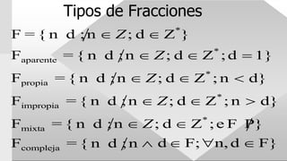 Tipos de Fracciones
F = { n d ;n  Z; d Z*
}
Faparente = { n d ;n  Z; d Z*
;d  1}
Fpropia = { n d ;n  Z; d Z*
; n  d}
Fimpropia = { n d ;n  Z; d Z*
; n  d}
Fmixta = { n d ;n  Z; d Z*
;e F P}
Fcompleja = { n d ;n  dF;n, d  F}
 