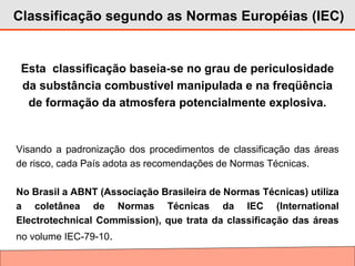 Esta classificação baseia-se no grau de periculosidade
da substância combustível manipulada e na freqüência
de formação da atmosfera potencialmente explosiva.
Visando a padronização dos procedimentos de classificação das áreas
de risco, cada País adota as recomendações de Normas Técnicas.
No Brasil a ABNT (Associação Brasileira de Normas Técnicas) utiliza
a coletânea de Normas Técnicas da IEC (International
Electrotechnical Commission), que trata da classificação das áreas
no volume IEC-79-10.
Classificação segundo as Normas Européias (IEC)
 