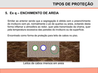 5. Ex q – ENCHIMENTO DE AREIA
TIPOS DE PROTEÇÃO
Similar ao anterior sendo que a segregação é obtida com o preenchimento
do invólucro com pó, normalmente o pó de quartzo ou areia, evitando desta
forma inflamar a atmosfera ao redor, quer pela transmissão da chama, quer
pela temperatura excessiva das paredes do invólucro ou da superfície.
Encontrado como forma de proteção para leito de cabos no piso.
Leitos de cabos imersos em areia
 