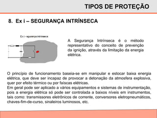 O princípio de funcionamento baseia-se em manipular e estocar baixa energia
elétrica, que deve ser incapaz de provocar a detonação da atmosfera explosiva,
quer por efeito térmico ou por faíscas elétricas.
Em geral pode ser aplicado a vários equipamentos e sistemas de instrumentação,
pois a energia elétrica só pode ser controlada a baixos níveis em instrumentos,
tais como: transmissores eletrônicos de corrente, conversores eletropneumáticos,
chaves-fim-de-curso, sinaleiros luminosos, etc.
TIPOS DE PROTEÇÃO
8. Ex i – SEGURANÇA INTRÍNSECA
A Segurança Intrínseca é o método
representativo do conceito de prevenção
da ignição, através da limitação da energia
elétrica.
 