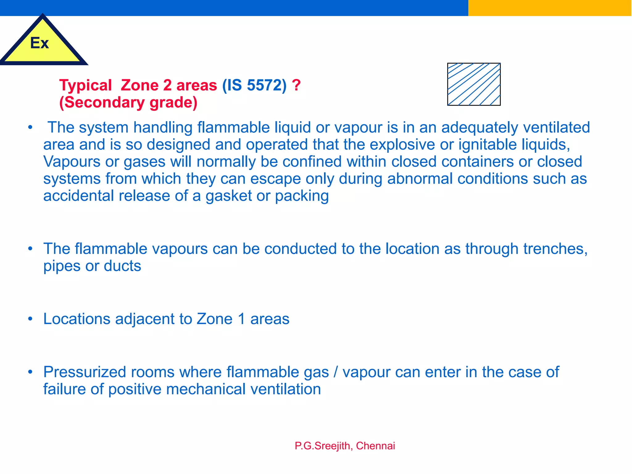 Ex
P.G.Sreejith, Chennai
Typical Zone 2 areas (IS 5572) ?
(Secondary grade)
• The system handling flammable liquid or vapour is in an adequately ventilated
area and is so designed and operated that the explosive or ignitable liquids,
Vapours or gases will normally be confined within closed containers or closed
systems from which they can escape only during abnormal conditions such as
accidental release of a gasket or packing
• The flammable vapours can be conducted to the location as through trenches,
pipes or ducts
• Locations adjacent to Zone 1 areas
• Pressurized rooms where flammable gas / vapour can enter in the case of
failure of positive mechanical ventilation
 