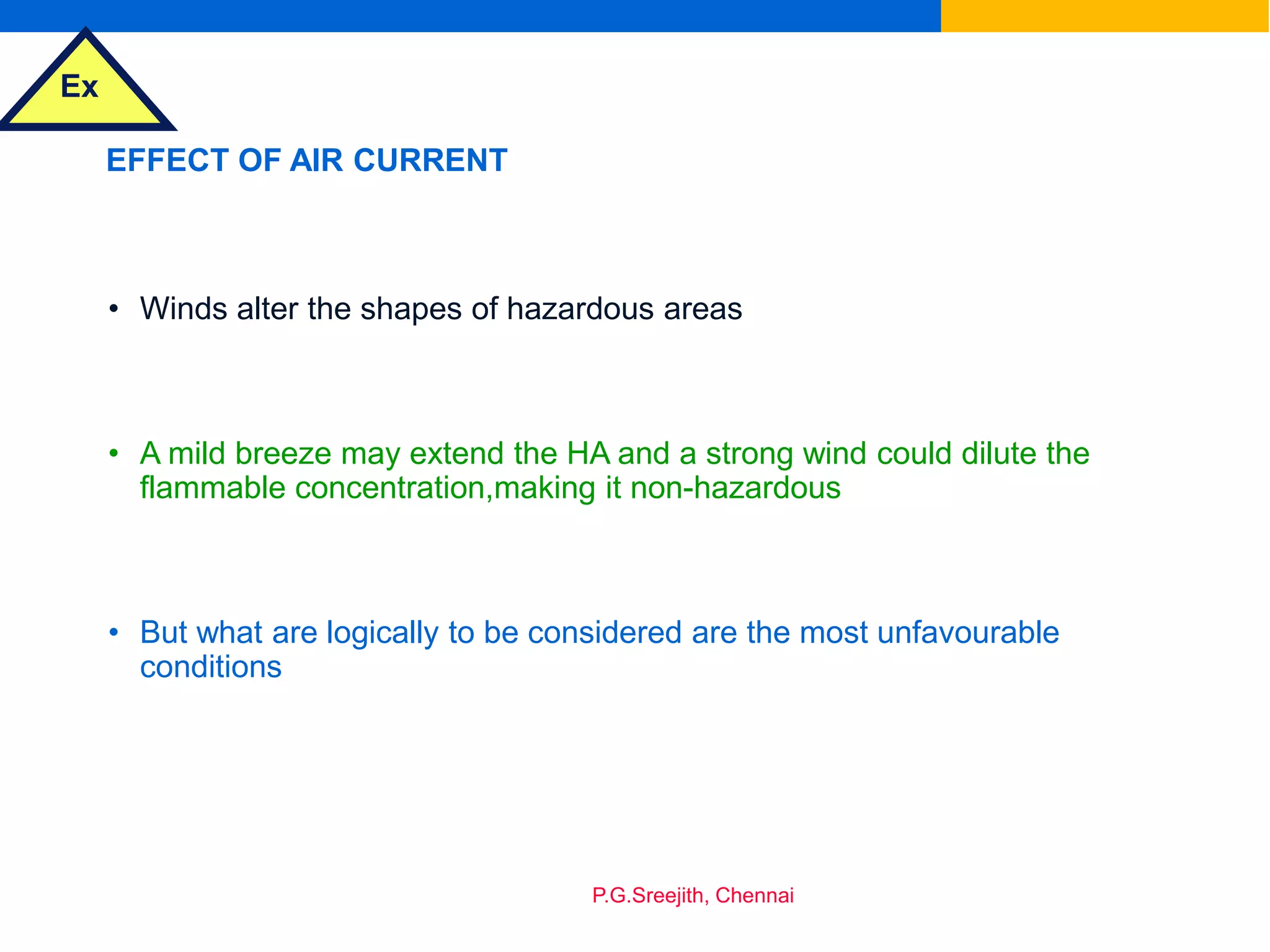 Ex
P.G.Sreejith, Chennai
EFFECT OF AIR CURRENT
• Winds alter the shapes of hazardous areas
• A mild breeze may extend the HA and a strong wind could dilute the
flammable concentration,making it non-hazardous
• But what are logically to be considered are the most unfavourable
conditions
 