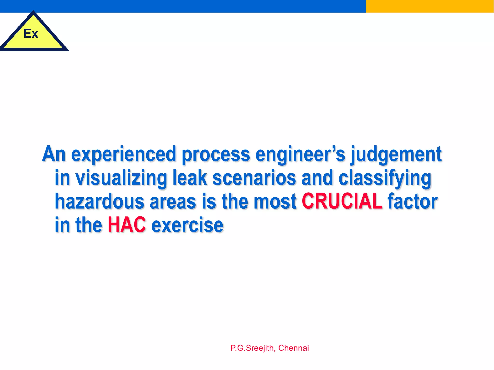 Ex
P.G.Sreejith, Chennai
An experienced process engineer’s judgement
in visualizing leak scenarios and classifying
hazardous areas is the most CRUCIAL factor
in the HAC exercise
 