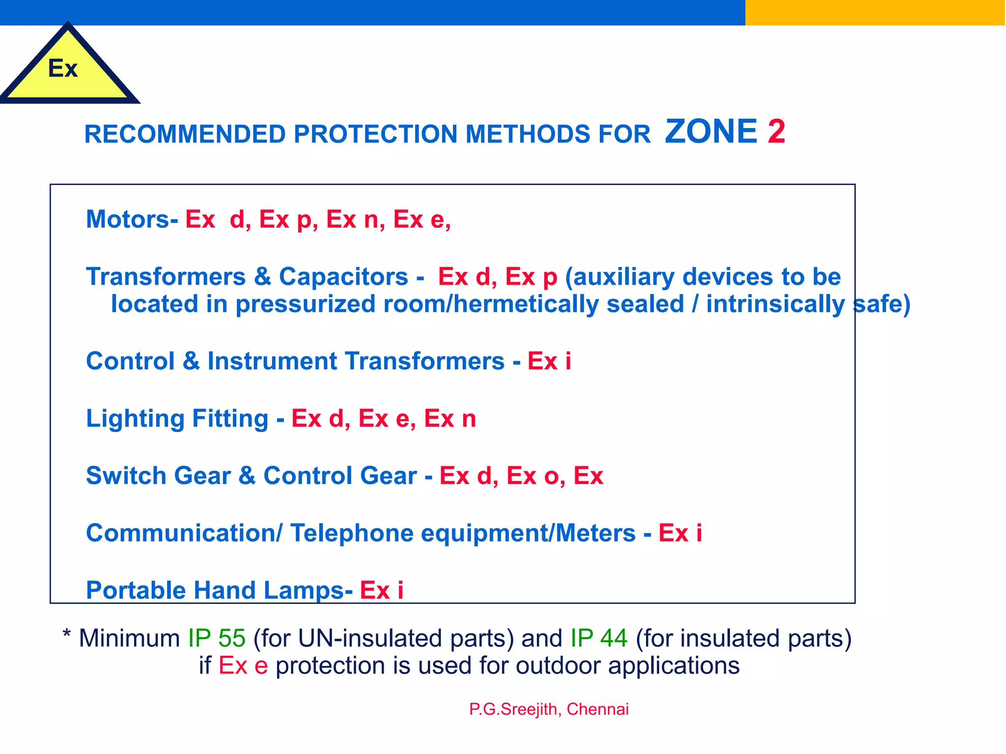 Ex
P.G.Sreejith, Chennai
RECOMMENDED PROTECTION METHODS FOR ZONE 2
Motors- Ex d, Ex p, Ex n, Ex e,
Transformers & Capacitors - Ex d, Ex p (auxiliary devices to be
located in pressurized room/hermetically sealed / intrinsically safe)
Control & Instrument Transformers - Ex i
Lighting Fitting - Ex d, Ex e, Ex n
Switch Gear & Control Gear - Ex d, Ex o, Ex
Communication/ Telephone equipment/Meters - Ex i
Portable Hand Lamps- Ex i
* Minimum IP 55 (for UN-insulated parts) and IP 44 (for insulated parts)
if Ex e protection is used for outdoor applications
 
