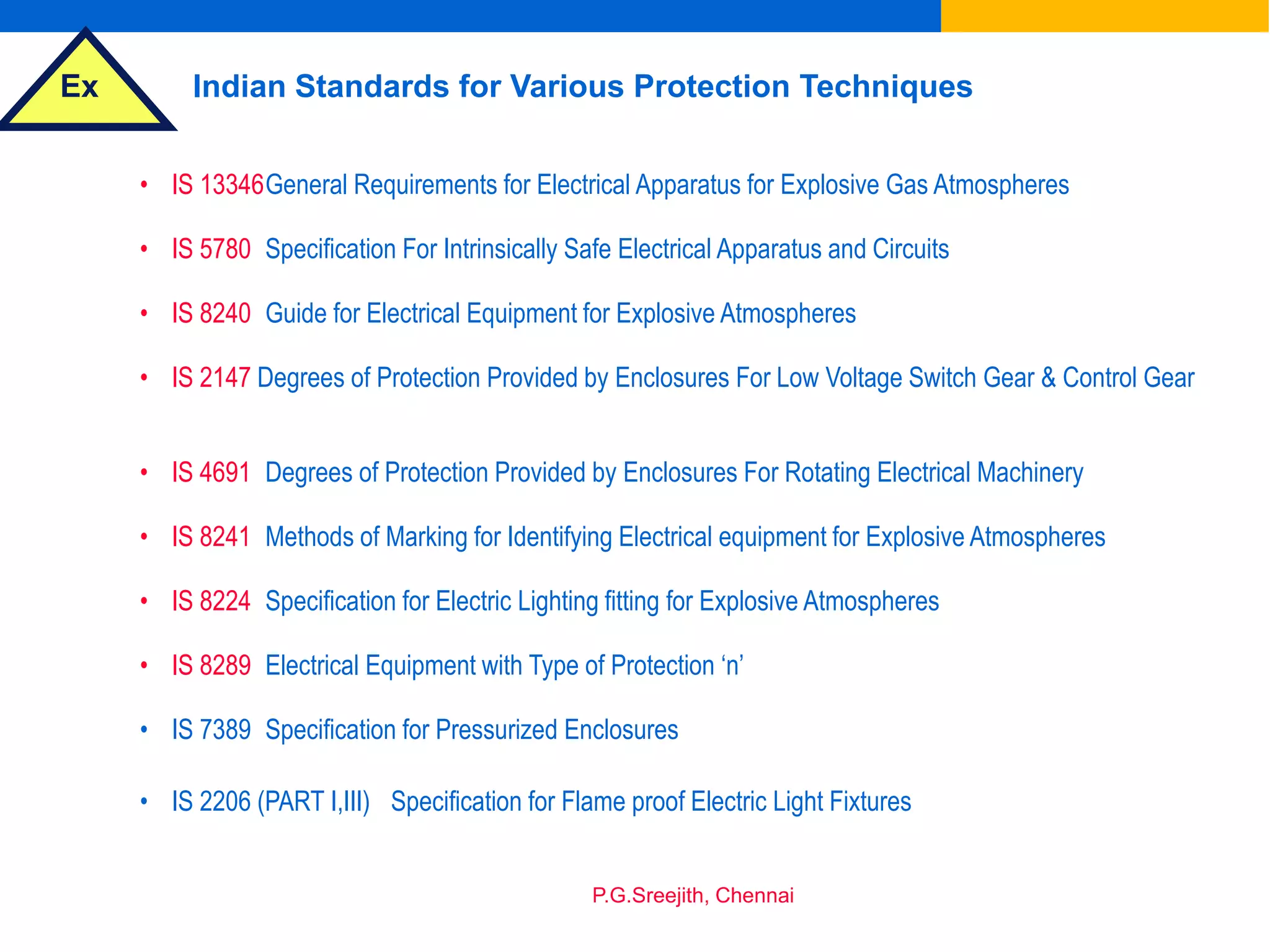 Ex
P.G.Sreejith, Chennai
Indian Standards for Various Protection Techniques
• IS 13346General Requirements for Electrical Apparatus for Explosive Gas Atmospheres
• IS 5780 Specification For Intrinsically Safe Electrical Apparatus and Circuits
• IS 8240 Guide for Electrical Equipment for Explosive Atmospheres
• IS 2147 Degrees of Protection Provided by Enclosures For Low Voltage Switch Gear & Control Gear
• IS 4691 Degrees of Protection Provided by Enclosures For Rotating Electrical Machinery
• IS 8241 Methods of Marking for Identifying Electrical equipment for Explosive Atmospheres
• IS 8224 Specification for Electric Lighting fitting for Explosive Atmospheres
• IS 8289 Electrical Equipment with Type of Protection ‘n’
• IS 7389 Specification for Pressurized Enclosures
• IS 2206 (PART I,III) Specification for Flame proof Electric Light Fixtures
 