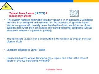 Ex
P.G.Sreejith, Chennai
Typical Zone 2 areas (IS 5572) ?
(Secondary grade)
• The system handling flammable liquid or vapour is in an adequately ventilated
area and is so designed and operated that the explosive or ignitable liquids,
Vapours or gases will normally be confined within closed containers or closed
systems from which they can escape only during abnormal conditions such as
accidental release of a gasket or packing
• The flammable vapours can be conducted to the location as through trenches,
pipes or ducts
• Locations adjacent to Zone 1 areas
• Pressurized rooms where flammable gas / vapour can enter in the case of
failure of positive mechanical ventilation
 