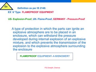 Ex
P.G.Sreejith, Chennai
EX ‘d’ Type FLAMEPROOF EQUIPMENT
Definition as per IS 2148:
US- Explosion-Proof, UK- Flame-Proof, GERMANY - Pressure-Proof
A type of protection in which the parts can ignite an
explosive atmosphere are to be placed in an
enclosure, which can withstand the pressure
developed during internal explosion of an explosive
mixture, and which prevents the transmission of the
explosion to the explosive atmosphere surrounding
the enclosure
FLAMEPROOF EQUIPMENT- A MISNOMER?
 