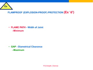 Ex
P.G.Sreejith, Chennai
FLAMPROOF (EXPLOSION-PROOF) PROTECTION (Ex ‘d’)
• FLAME PATH - Width of Joint
–Minimum
• GAP - Diametrical Clearance
–Maximum
 