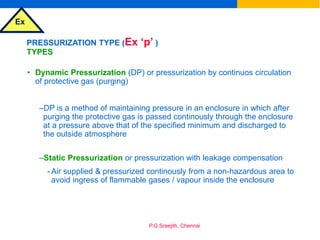 Ex
P.G.Sreejith, Chennai
PRESSURIZATION TYPE (Ex ‘p’ )
TYPES
• Dynamic Pressurization (DP) or pressurization by continuos circulation
of protective gas (purging)
–DP is a method of maintaining pressure in an enclosure in which after
purging the protective gas is passed continously through the enclosure
at a pressure above that of the specified minimum and discharged to
the outside atmosphere
–Static Pressurization or pressurization with leakage compensation
- Air supplied & pressurized continously from a non-hazardous area to
avoid ingress of flammable gases / vapour inside the enclosure
 