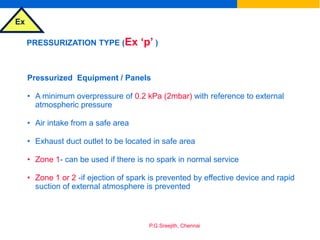 Ex
P.G.Sreejith, Chennai
PRESSURIZATION TYPE (Ex ‘p’ )
Pressurized Equipment / Panels
• A minimum overpressure of 0.2 kPa (2mbar) with reference to external
atmospheric pressure
• Air intake from a safe area
• Exhaust duct outlet to be located in safe area
• Zone 1- can be used if there is no spark in normal service
• Zone 1 or 2 -if ejection of spark is prevented by effective device and rapid
suction of external atmosphere is prevented
 