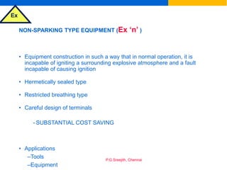 Ex
P.G.Sreejith, Chennai
NON-SPARKING TYPE EQUIPMENT (Ex ‘n’ )
• Equipment construction in such a way that in normal operation, it is
incapable of igniting a surrounding explosive atmosphere and a fault
incapable of causing ignition
• Hermetically sealed type
• Restricted breathing type
• Careful design of terminals
- SUBSTANTIAL COST SAVING
• Applications
–Tools
–Equipment
 