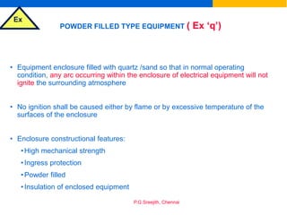 Ex
P.G.Sreejith, Chennai
POWDER FILLED TYPE EQUIPMENT ( Ex ‘q’)
• Equipment enclosure filled with quartz /sand so that in normal operating
condition, any arc occurring within the enclosure of electrical equipment will not
ignite the surrounding atmosphere
• No ignition shall be caused either by flame or by excessive temperature of the
surfaces of the enclosure
• Enclosure constructional features:
•High mechanical strength
•Ingress protection
•Powder filled
•Insulation of enclosed equipment
 