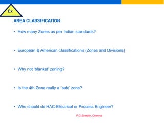 Ex
P.G.Sreejith, Chennai
AREA CLASSIFICATION
• How many Zones as per Indian standards?
• European & American classifications (Zones and Divisions)
• Why not ‘blanket’ zoning?
• Is the 4th Zone really a ‘safe’ zone?
• Who should do HAC-Electrical or Process Engineer?
 