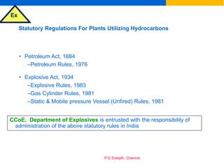 Ex
P.G.Sreejith, Chennai
Statutory Regulations For Plants Utilizing Hydrocarbons
• Petroleum Act, 1884
–Petroleum Rules, 1976
• Explosive Act, 1934
–Explosive Rules, 1983
–Gas Cylinder Rules, 1981
–Static & Mobile pressure Vessel (Unfired) Rules, 1981
CCoE, Department of Explosives is entrusted with the responsibility of
administration of the above statutory rules in India
 