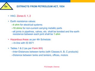 Ex
P.G.Sreejith, Chennai
EXTRACTS FROM PETROLEUM ACT, 1934
• HAC- Zones 0, 1, 2
• Earth resistance values:
–4 ohm for electrical systems
–10 ohms for non-current carrying metallic parts
–all joints in pipelines, valves, etc. shall be bonded and the earth
resistance between each joint shall be 1 ohm
• Hazardous Areas as per 4th Schedule:
–-In-line with IS 5571
• Tables 1 & 2 (as per Form XIII)
–Inter-Distances between tanks (with Classes A, B, C products)
–Distance between tanks and tankers, offices, motors
 