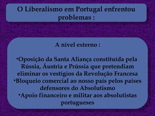 O Liberalismo em Portugal enfrentou problemas : A nível externo : Oposição da Santa Aliança constituída pela  Rússia, Áustria e Prússia que pretendiam eliminar os vestígios da Revolução Francesa Bloqueio comercial ao nosso país pelos países defensores do Absolutismo Apoio financeiro e militar aos absolutistas portugueses 