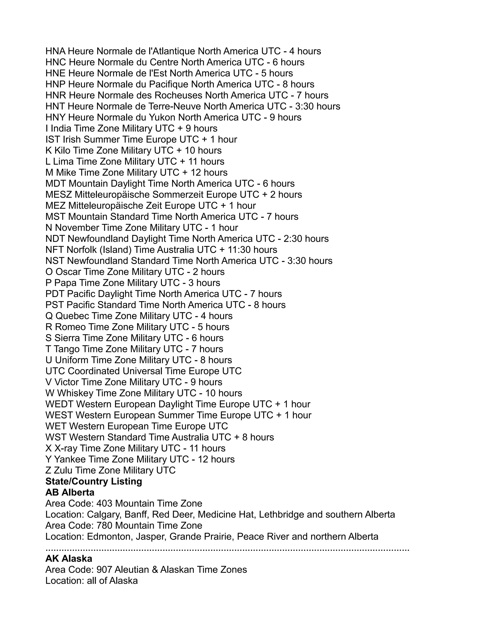 Area Code and Time Zone Database | PDF