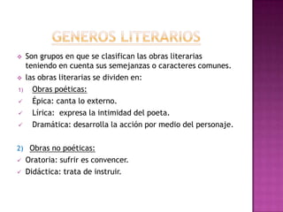   Son grupos en que se clasifican las obras literarias
   teniendo en cuenta sus semejanzas o caracteres comunes.
 las obras literarias se dividen en:

1)   Obras poéticas:
    Épica: canta lo externo.
    Lírica: expresa la intimidad del poeta.
    Dramática: desarrolla la acción por medio del personaje.

2) Obras no poéticas:
   Oratoria: sufrir es convencer.
   Didáctica: trata de instruir.
 