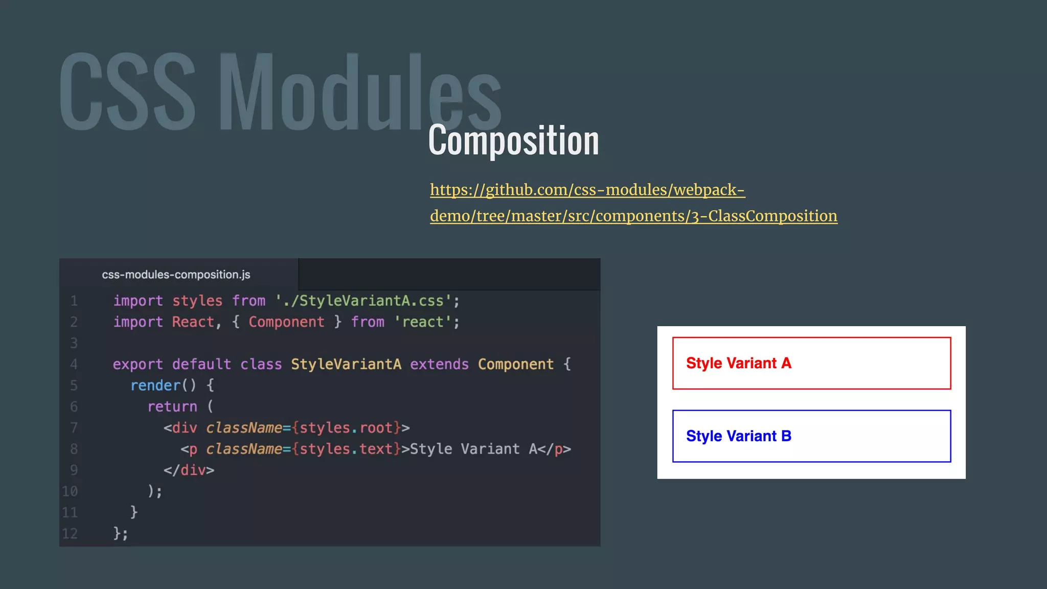 CSS ModulesComposition
https://github.com/css-modules/webpack-
demo/tree/master/src/components/3-ClassComposition
 