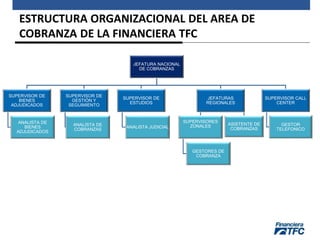 ESTRUCTURA ORGANIZACIONAL DEL AREA DE
COBRANZA DE LA FINANCIERA TFC
JEFATURA NACIONAL
DE COBRANZAS
SUPERVISOR DE
BIENES
ADJUDICADOS
ANALISTA DE
BIENES
ADJUDICADOS
SUPERVISOR DE
GESTIÓN Y
SEGUIMIENTO
ANALISTA DE
COBRANZAS
SUPERVISOR DE
ESTUDIOS
ANALISTA JUDICIAL
JEFATURAS
REGIONALES
SUPERVISORES
ZONALES
GESTORES DE
COBRANZA
ASISTENTE DE
COBRANZAS
SUPERVISOR CALL
CENTER
GESTOR
TELEFONICO
 