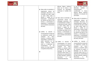 ▪ Opina sobre el contenido, la
organización textual, las
estrategias discursivas y la
in-tención del autor. Emite
un juicio crítico sobre la
eficacia y validez de la
información considerando
los efectos del texto en los
lectores, y contrastando su
experiencia y conocimiento
con el contexto sociocultural
del texto.
▪ Justifica la elección o
recomendación de textos de
su preferencia cuando los
comparte con otros.
Sustenta su posición sobre
estereotipos y relaciones de
poder presentes en los
textos. Contrasta textos
entre sí, y determina las
características de los
autores, los ti-pos textuales
y los géneros discursivos.
▪
diversas figuras retóricas
junto con la trama y la
evolución de personajes
construyen el sentido del
texto.
▪ Opina sobre el contenido, la
organización textual, las
estrategias discursivas, las
re-presentaciones sociales y
la intención del autor. Emite
un juicio crítico sobre la
eficacia y validez de la
información considerando
los efectos del texto en los
lectores, y contrastando su
experiencia y conocimiento
con el contexto sociocultural
del texto.
▪ Justifica la elección o
recomendación de tex-tos
de su preferencia cuando los
comparte con otros.
Sustenta su posición sobre
las relaciones de poder e
ideologías de los textos.
Contrasta textos entre sí, y
determina las características
de tipos textuales y géneros
discursivos, o de
movimientos literarios.
en que el texto construye
diferentes sentidos o
interpretaciones
considerando la trama,
diversas figuras retóricas
utilizadas o la evolución de
personajes.
▪ Opina sobre el contenido, la
organización textual, las
estrategias discursivas, las
representaciones sociales y
la intención del autor. Emite
un juicio crítico sobre la
eficacia y validez de la
información, y sobre el estilo
de un autor, considerando
los efectos del texto en los
lectores, y contrastando su
experiencia y conocimiento
con el contexto sociocultural
del texto y del autor.
▪ Justifica la elección o
recomendación de textos de
su preferencia cuando los
comparte con otros.
Sustenta su posición sobre
las relaciones de poder e
ideologías de los textos.
Contrasta textos entre sí, y
determina las características
de tipos textuales y géneros
discursivos, o de
movimientos literarios.
 