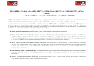 COMPETENCIAS, CAPACIDADES, ESTÁNDARES DE APRENDIZAJE Y SUS DESEMPEÑOS POR
GRADO
I COMPETENCIA: SE COMUNICA ORALMENTE EN SU LENGUA MATERNA.
:
Se define como una interacción dinámica entre uno o más interlocutores para expresar y comprender ideas y emociones. Supone un proceso activo de construcción del
sentido de los diversos tipos de textos orales ya que el estudiante alterna los roles de hablante y oyente con el fin de lograr su propósito comunicativo.
Esta competencia se asume como una práctica social donde el estudiante interactúa con distintos individuos o comunidades socioculturales, ya sea de forma presencial o
virtual. Al hacerlo, tiene la posibilidad de usar el lenguaje oral de manera creativa y responsable, considerando la repercusión de lo expresado o escuchado, y estableciendo
una posición crítica con los medios de comunicación audiovisuales. La comunicación oral es una herramienta fundamental para la constitución de las identidades y el
desarrollo personal. Esta competencia implica la combinación de las siguientes capacidades:
● Obtiene información del texto oral: el estudiante recupera y extrae información explícita expresada por los interlocutores.
● Infiere e interpreta información del texto oral: el estudiante construye el sentido del texto. Para ello, infiere estableciendo diversas relaciones entre la información
explícita e implícita con el fin de deducir nueva información y completar los vacíos del texto oral. A partir de estas inferencias, el estudiante interpreta integrando la
información explícita e implícita, los recursos verbales, no verbales y paraverbales para construir el sentido global y profundo del texto oral, y explicar el propósito,
el uso estético del lenguaje, las intenciones e ideologías de los interlocutores, así como su relación con el contexto sociocultural.
● Adecúa, organiza y desarrolla las ideas de forma coherente y cohesionada: el estudiante expresa sus ideas adaptándose al propósito, destinatario, características
del tipo de texto, género discursivo y registro, considerando las normas y modos de cortesía, así como los contextos socioculturales que enmarcan la comunicación.
Asimismo, expresa las ideas en torno a un tema de forma lógica, relacionándolas mediante diversos recursos cohesivos para construir el sentido de distintos tipos
de textos y géneros discursivos.
● Utiliza recursos no verbales y paraverbales de forma estratégica: el estudiante emplea variados recursos no verbales (como gestos o movimientos corporales) o
paraverbales (como el tono de la voz o silencios) según la situación comunicativa para enfatizar o matizar significados y producir determinados efectos en los
interlocutores.
● Interactúa estratégicamente con distintos interlocutores: el estudiante intercambia los roles de hablante y oyente alternada y dinámicamente, participando de
forma pertinente, oportuna y relevante para lograr su propósito comunicativo.
 