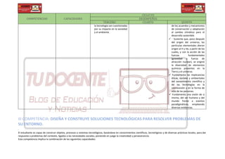 COMPETENCIAS CAPACIDADES
CICLO VII
DESEMPEÑOS
TERCERO CUARTO QUINTO
la tecnología son cuestionadas
por su impacto en la sociedad
y el ambiente.
de los acuerdos y mecanismos
de conservación y adaptación
al cambio climático para el
desarrollo sostenible.
 • Sustenta que, poco después
del origen del universo, las
partículas elementales dieron
origen al H y He, a partir de los
cuales, y con la acción de las
fuerzas fundamentales
(gravedad y fuerza de
atracción nuclear), se originó
la diversidad de elementos
químicos presentes en la
Tierra y el universo.
 Fundamenta las implicancias
éticas, sociales y ambientales
del conocimiento científico y
de las tecnologías en la
cosmovisión y en la forma de
vida de las personas.
 Fundamenta una visión de sí
mismo, del ser humano y del
mundo frente a eventos
paradigmáticos, empleando
diversas evidencias.
III COMPETENCIA: DISEÑA Y CONSTRUYE SOLUCIONES TECNOLÓGICAS PARA RESOLVER PROBLEMAS DE
SU ENTORNO.
.
El estudiante es capaz de construir objetos, procesos o sistemas tecnológicos, basándose en conocimientos científicos, tecnológicos y de diversas prácticas locales, para dar
respuesta a problemas del contexto, ligados a las necesidades sociales, poniendo en juego la creatividad y perseverancia.
Esta competencia implica la combinación de las siguientes capacidades:
 