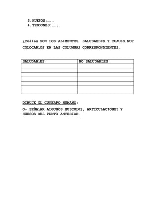3.HUESOS:…..
4.TENDONES:……..
¿Cuáles SON LOS ALIMENTOS SALUDABLES Y CUALES NO?
COLOCARLOS EN LAS COLUMNAS CORRESPONDIENTES...