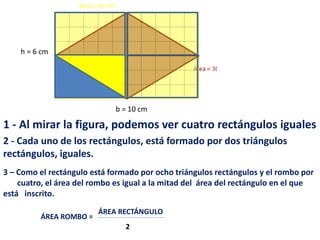 b = 10 cm
h = 6 cm
1 - Al mirar la figura, podemos ver cuatro rectángulos iguales
2 - Cada uno de los rectángulos, está formado por dos triángulos
rectángulos, iguales.
3 – Como el rectángulo está formado por ocho triángulos rectángulos y el rombo por
cuatro, el área del rombo es igual a la mitad del área del rectángulo en el que
está inscrito.
ÁREA ROMBO =
ÁREA RECTÁNGULO
2
 