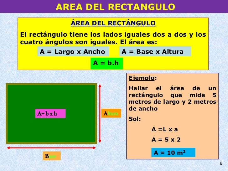 AREA DEL RECTANGULO
               ÁREA DEL RECTÁNGULO
El rectángulo tiene los lados iguales dos a dos y los
cuatro ángulo...