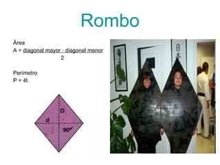 Rombo Área A =  diagonal mayor · diagonal menor 2 Perímetro P = 4l. 