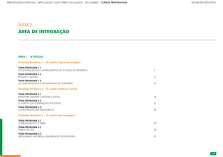 109
APRENDIZAGENS ESSENCIAIS | ARTICULAÇÃO COM O PERFIL DOS ALUNOS | SECUNDÁRIO | CURSOS PROFISSIONAIS         GEOMETRIA DESCRITIVA
109
ÁREA 1 - A PESSOA
Unidade Temática 1 - O sujeito lógico-psicológico
TEMA-PROBLEMA 1.1																					
A CONSTRUÇÃO DO CONHECIMENTO OU O FOGO DE PROMETEU										 7
TEMA-PROBLEMA 1.2																					
PESSOA E CULTURA 																		 11
TEMA-PROBLEMA 1.3																					
A COMUNICAÇÃO E A CONSTRUÇÃO DO INDIVÍDUO												 14
Unidade Temática 2 - O sujeito histórico-social
TEMA-PROBLEMA 2.1																					
ESTRUTURA FAMILIAR E DINÂMICA SOCIAL														 18
TEMA-PROBLEMA 2.2																					
O SUJEITO E A CONSTRUÇÃO DO SOCIAL														 21
TEMA-PROBLEMA 2.3																					
A CONSTRUÇÃO DA DEMOCRACIA												 			 25
Unidade Temática 3 - O sujeito bio-ecológico
TEMA-PROBLEMA 3.1																					
O SER HUMANO E A TERRA																 30
TEMA-PROBLEMA 3.2																					
FILHOS DO SOL																		 33
TEMA-PROBLEMA 3.3																					
SER HUMANO-NATUREZA: UMA RELAÇÃO SUSTENTÁVEL?												 37
ÍNDICE
ÁREA DE INTEGRAÇÃO
 