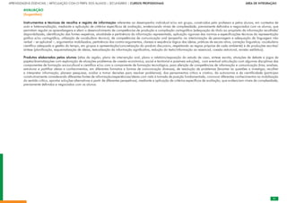 51
APRENDIZAGENS ESSENCIAIS | ARTICULAÇÃO COM O PERFIL DOS ALUNOS | SECUNDÁRIO | CURSOS PROFISSIONAIS        ÁREA DE INTEGRAÇÃO
51
AVALIAÇÃO
(Sugestões)
Instrumentos e técnicas de recolha e registo de informação referentes ao desempenho individual e/ou em grupo, construídos pelo professor e pelos alunos, em contextos de
auto e heteroavaliação, mediante a aplicação de critérios específicos de avaliação, evidenciando níveis de complexidade, previamente definidos e negociados com os alunos, que
permitam regular as aprendizagens e aferir o desenvolvimento de competências de produção e compilação cartográfica (adequação do título ao propósito da informação recolhida/
disponibilizada, identificação das fontes respetivas, atualidade e pertinência da informação representada, aplicação rigorosa das normas e especificações técnicas da representação
gráfica e/ou cartográfica, utilização de vocabulário técnico), de competências de comunicação oral (empenho na interiorização de personagem e adequação da linguagem não
verbal – se aplicável –, argumentos mobilizados, pertinência dos contra-argumentos, clareza e sequência lógica das ideias, práticas de escuta ativa, correção linguística, vocabulário
científico adequado e gestão do tempo, em grupos e apresentação/concretização do produto discursivo, respeitando as regras próprias de cada ambiente) e de produções escritas/
síntese (planificação, esquematização de ideias, textualização da informação significativa, redução do texto/informação ao essencial, coesão estrutural, revisão estilística).
Produtos elaborados pelos alunos (atlas da região, plano de intervenção oral, plano e relatório/exposição do estudo de caso, síntese escrita, situações de debate e jogos de
papéis/dramatizações com exploração de situações problemas de coesão económica, social e territorial e possíveis soluções), com eventual articulação com algumas disciplinas das
componentes de formação sociocultural e científica e/ou com a componente de formação tecnológica, para aferição de competências de informação e comunicação (triar, analisar,
estruturar e partilhar ideias e conhecimentos, em diferentes formatos e formas de comunicação diversas), de resolução de problemas (levantar as questões a investigar, recolher
e interpretar informação, planear pesquisas, avaliar e tomar decisões para resolver problemas), dos pensamentos crítico e criativo, da autonomia e da cientificidade (participar
construtivamente considerando diferentes fontes de informação/experiências/ideias com vista à tomada de posição fundamentada, convocar diferentes conhecimentos na mobilização
do sentido crítico, apontar soluções alternativas a partir de diferentes perspetivas), mediante a aplicação de critérios específicos de avaliação, que evidenciam níveis de complexidade,
previamente definidos e negociados com os alunos.
 