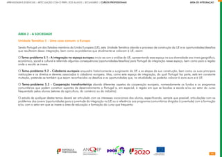 52
APRENDIZAGENS ESSENCIAIS | ARTICULAÇÃO COM O PERFIL DOS ALUNOS | SECUNDÁRIO | CURSOS PROFISSIONAIS        ÁREA DE INTEGRAÇÃO
ÁREA 2 - A SOCIEDADE
Unidade Temática 5 - Uma casa comum: a Europa
Sendo Portugal um dos Estados-membros da União Europeia (UE), esta Unidade Temática aborda o processo de construção da UE e as oportunidades/desafios
que resultaram dessa integração, bem como os problemas que atualmente se colocam à UE, assim:
O Tema-problema 5.1 - A integração no espaço europeu inicia-se com a análise da UE, apresentando esse espaço na sua diversidade aos níveis geográfico,
económico, social e cultural e referindo algumas consequências (oportunidades/desafios) para Portugal da integração nesse espaço, bem como para a região
onde a escola se insere.
O Tema-problema 5.2 - Cidadania europeia enquadra historicamente o surgimento da UE e as etapas da sua construção, bem como as suas principais
instituições e os direitos e deveres associados à cidadania europeia. Mas, como este espaço de integração, do qual Portugal faz parte, está em constante
mutação, pretende-se também que sejam reconhecidos os desafios e as oportunidades que, na atualidade, se poderão colocar à zona euro e à UE.
O Tema-problema 5.3 - Cooperação transfronteiriça aborda diferentes aspetos da cooperação europeia, nomeadamente os fundos e os programas
comunitários que podem constituir suportes de desenvolvimento a Portugal e, em especial, à região em que se localiza a escola e/ou ao setor do curso
frequentado pelos alunos (setores da agricultura, do comércio ou da indústria).
O estudo de qualquer destes temas deverá ser articulado com os interesses vocacionais dos alunos, especificando, sempre que possível, articulações com os
problemas dos jovens (oportunidades para a juventude da integração na UE ou a referência aos programas comunitários dirigidos à juventude) com a formação
e/ou com o setor em que se insere a área de educação e formação do curso que frequenta.
 