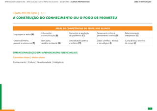 APRENDIZAGENS ESSENCIAIS | ARTICULAÇÃO COM O PERFIL DOS ALUNOS | SECUNDÁRIO | CURSOS PROFISSIONAIS        ÁREA DE INTEGRAÇÃO
ÁREAS DE COMPETÊNCIAS DO PERFIL DOS ALUNOS
Linguagens e textos (A)
Informação
e comunicação (B)
Raciocínio e resolução
de problemas (C)
Pensamento crítico e
pensamento criativo (D)
Relacionamento
interpessoal (E)
Desenvolvimento
pessoal e autonomia (F)
Bem-estar,
saúde e ambiente (G)
Sensibilidade estética
e artística (H)
Saber científico, técnico
e tecnológico (I)
Consciência e domínio
do corpo (J)
OPERACIONALIZAÇÃO DAS APRENDIZAGENS ESSENCIAIS (AE)
Conceitos-chave | Ideias-chave
Conhecimento | Cultura | Hereditariedade | Inteligência
TEMA-PROBLEMA | 1.1
A CONSTRUÇÃO DO CONHECIMENTO OU O FOGO DE PROMETEU
 