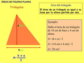 ÁREAS DE FIGURAS PLANAS b ase a ltura Área del triángulo El área de un triángulo es igual a su base por la altura partido por dos. Ejemplo: Halla el área de un triángulo de 14 cm de base y 4 cm de altura. A= (b x a) / 2  A= (14 cm x 4 cm) / 2 A= 28 cm 2 Triángulos 