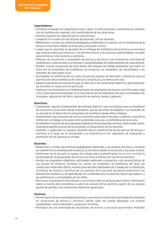 24
Capacitadores:
• Constituir el equipo de Capacitación local. Lograr su afianzamiento y autonomía en conjunto
con la Coordinación regional y los coordinadores de las otras áreas.
• Generar espacios de capacitación en cada escuela.
• Colaborar en la selección de lecturas del docente y de los alumnos.
• Reflexionar y revisar las prácticas pedagógicas habituales en relación con la enseñanza de la
lectura, la escritura, hablar en la escuela y escuchar a otros.
• Lograr que los docentes se apropien de un enfoque de la Didáctica de la lectura y la escritura
que impacte sobre sus prácticas y les permita ofrecer a los alumnos oportunidades variadas
para formarse como lectores y escritores.
• Adecuar las secuencias y propuestas de lectura y escritura a las situaciones concretas de
enseñanza en cada escuela, a los tiempos y las posibilidades de implementación de cada docente.
• Diseñar nuevas secuencias del área dentro del enfoque de trabajo propuesto, que estén en
línea con los propósitos de enseñanza, los proyectos ya trabajados, las necesidades y los
intereses de cada región local.
• Acompañar la conformación en cada escuela de equipos de docentes y directivos para la
planificación de la enseñanza de la lectura, la escritura y la interacción oral.
• Ajustar propuestas de evaluación que se adecuen a las condiciones didácticas generadas por
los docentes en cada curso en particular.
• Asesorar a los directivos en la implementación de propuestas de lectura y escritura para cada
ciclo y para toda la escolaridad, en la articulación de las bibliotecas de aula y la biblioteca de
la escuela: adquisición de libros, asignación de autores, temas y géneros.
Directivos:
• Comprender algunos fundamentos del enfoque didáctico que se propone para la enseñanza
de la lectura y la escritura desde el proyecto, que les permitan acompañar a los docentes de
su escuela en el desarrollo de propuestas de enseñanza desde dicho enfoque.
• Implementar una propuesta de lectura coherente para toda la escuela y sostener a nivel de la
institución un trabajo articulado entre la biblioteca de aula y la biblioteca de la escuela.
• Acompañar el avance de las propuestas didácticas de los docentes del área, observando clases,
analizando planificaciones de los docentes y producciones de los alumnos.
• Sostener y supervisar los equipos docentes para la planificación de secuencias de lectura y
escritura a lo largo de la escolaridad y la coherencia en los regímenes de evaluación y
promoción de los alumnos en el área.
Docentes:
• Reflexionar y revisar las prácticas pedagógicas habituales y sus propias acciones y nociones
en relación con la enseñanza de la lectura, la escritura, hablar en la escuela y escuchar a otros.
• Conformar en la escuela un equipo de trabajo para la planificación en el ciclo en toda la
escolaridad de las propuestas de lectura, escritura e interacción oral de los alumnos.
• Ajustar las propuestas didácticas: actividades habituales y proyectos a las características de
sus grupos de alumnos, teniendo en cuenta los propósitos de enseñanza del área, las
condiciones materiales (libros, insumos para escribir) planteadas y/o creadas por la institución,
la historia de lectura y escritura de los alumnos en la escuela (proyectos anteriores), los
tiempos de enseñanza y de aprendizaje, los contenidos que los alumnos tienen que adquirir y
las preferencias y necesidades de sus niños.
• Reconocer la evaluación de la lectura y la escritura como un proceso para relevar información
sobre la marcha de la enseñanza y sobre los avances de los alumnos a partir de sus propios
puntos de partida y las condiciones didácticas generadas.
Alumnos:
• Formar parte de una comunidad de lectores y escritores a través de la participación sostenida
en situaciones de lectura y escritura, donde cada uno pueda desplegar sus propias
posibilidades como intérprete y productor de textos.
• Participar de una diversidad de situaciones de lectura y escritura que brinden múltiples
DISPOSITIVO GENERAL
DE TRABAJO
 