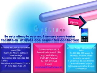seguinteSe esta situação ocorrer, á sempre como tentar facilitá-la  através dos seguintes contactos:Gabinete de Apoio à Sexualidade Juvenil (IPJ)Rua Pedro Álvares Cabral, 87800-509 BejaTel. 284 322 672 | 284 322 423E-mail: ipj.beja@mail.telepac.ptHorário de atendimento: 2ª, 4ª e 6ª-feira, das 17h às 19hLinha de Ajuda – Sexualidade em linhaTel. 808 222 003 (preço de chamada local em todo o território nacional)É um serviço de atendimento, aconselhamento e ajuda telefónica nacional na área da saúde sexual.Gabinete de Apoio à Sexualidade Juvenil (IPJ)Largo José Afonso, 2900-429 SetúbalTel. 265 539 340 E-mail: ipj.setubal@mail.telepac.pt