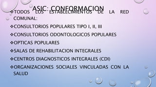 ASIC: CONFORMACION
TODOS LOS ESTABLECIMIENTOS DE LA RED
COMUNAL:
CONSULTORIOS POPULARES TIPO I, II, III
CONSULTORIOS ODONTOLOGICOS POPULARES
OPTICAS POPULARES
SALAS DE REHABILITACION INTEGRALES
CENTROS DIAGNOSTICOS INTEGRALES (CDI)
ORGANIZACIONES SOCIALES VINCULADAS CON LA
SALUD
 