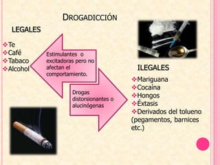 DROGADICCIÓN
LEGALES
ILEGALES
Te
Café
Tabaco
Alcohol
Mariguana
Cocaína
Hongos
Éxtasis
Derivados del tolueno
(pegamentos, barnices
etc.)
Estimulantes o
excitadoras pero no
afectan el
comportamiento.
Drogas
distorsionantes o
alucinógenas
 