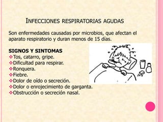 INFECCIONES RESPIRATORIAS AGUDAS
Son enfermedades causadas por microbios, que afectan el
aparato respiratorio y duran menos de 15 días.
SIGNOS Y SINTOMAS
Tos, catarro, gripe.
Dificultad para respirar.
Ronquera.
Fiebre.
Dolor de oído o secreción.
Dolor o enrojecimiento de garganta.
Obstrucción o secreción nasal.
 