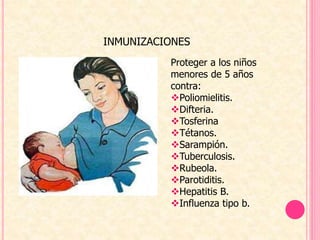 INMUNIZACIONES
Proteger a los niños
menores de 5 años
contra:
Poliomielitis.
Difteria.
Tosferina
Tétanos.
Sarampión.
Tuberculosis.
Rubeola.
Parotiditis.
Hepatitis B.
Influenza tipo b.
 