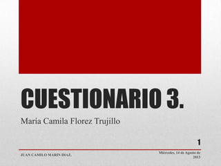 CUESTIONARIO 3.
María Camila Florez Trujillo
JUAN CAMILO MARIN DIAZ.
1
Miércoles, 14 de Agosto de
2013
 